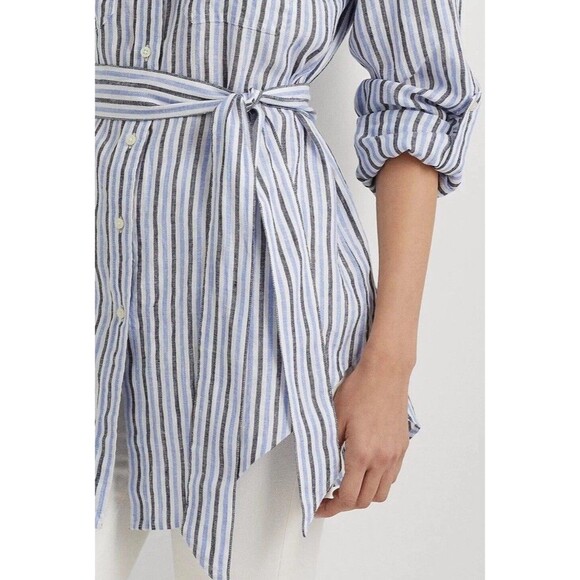 Lauren Ralph Lauren Women’s PS Striped BELTED‎ Linen Tunic Blouse Black Lable - Picture 4 of 8